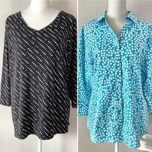 CHICO'S Bundle of 2 Tops No-Iron Button Up & Jersey Knit Pullover Polka Dots L